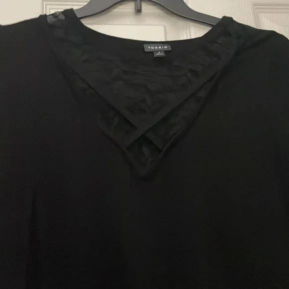 Black Short Sleeve Blouse with Lace Criss-Cross Insert - Picture 6 of 7